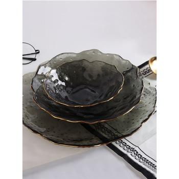 創意日式不規則錘紋玻璃盤金邊手繪透明西餐盤水果盤子沙拉碗餐具