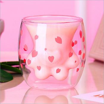 創意隔熱玻璃雙層咖啡杯高硼硅茶杯家用可愛透明貓爪玻璃水杯可愛