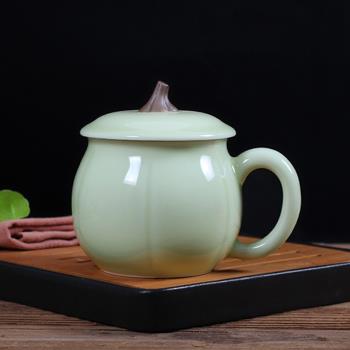 龍泉青瓷茶具茶杯陶瓷大號400ml泡茶杯辦公杯帶蓋水杯會議家用杯