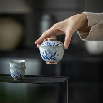 釉下手繪青花陶瓷蓋碗百合花仿古功夫茶具泡茶碗茶杯素雅茶器套裝