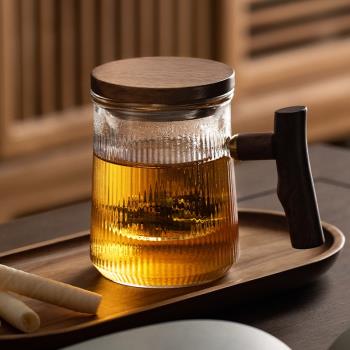 木把三件式泡茶杯辦公透明玻璃杯錘紋加厚耐熱紅茶杯家用茶具套裝