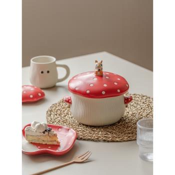 雙耳大湯碗面碗帶蓋陶瓷家用可愛蘑菇大容量大湯盆高顏值盤碗套裝