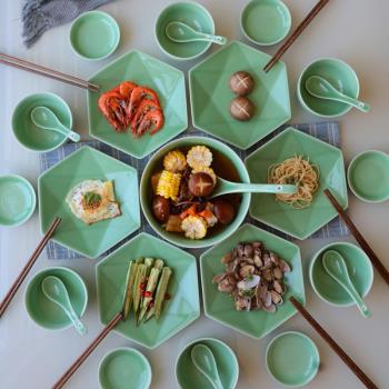 龍泉青瓷六角餐具碗碟套裝盤子碟子創意家用陶瓷拼盤組合西式餐盤