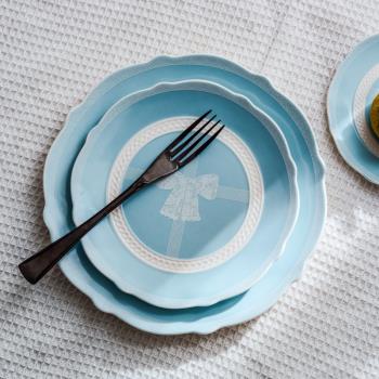 蕾絲蝴蝶結浮雕西餐盤子甜品盤早餐盤 法式復古陶瓷淺盤家用菜盤