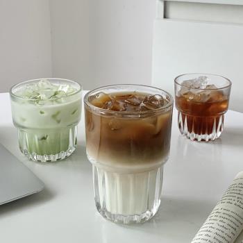 ins風拿鐵咖啡玻璃杯 條紋胖胖疊疊杯子家用簡約日式牛奶冷飲料杯