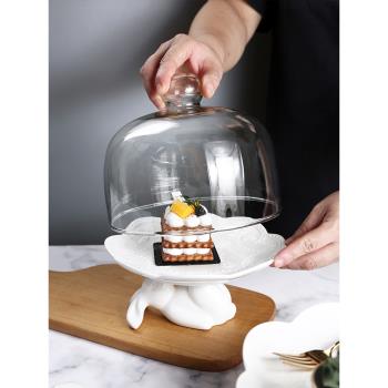 北歐陶瓷兔子托盤蛋糕玻璃罩創意甜品架點心盤家用水果下午茶宴會