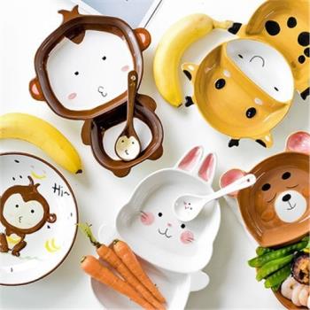 兒童卡通陶瓷餐具日式家用可愛動物早餐碟盤子分格盤寶寶創意禮物