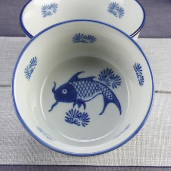 馨明園陶瓷青花碗釉下彩碗手繪年年有魚飯碗易清洗翻邊家用復古碗