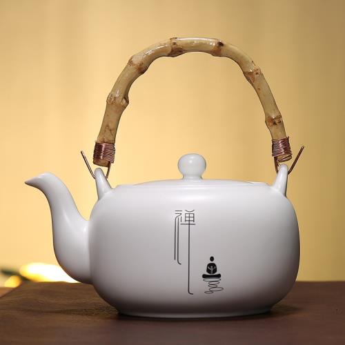 紅茶茶藝專用瓷壺竹提梁壺禪意中式涼水壺白瓷泡茶壺功夫茶具大壺
