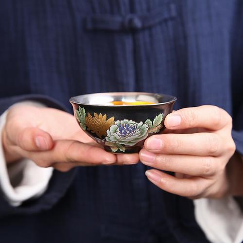 銀茶杯999純銀主人杯中式輕奢鎏銀杯富貴牡丹個人杯扒花品茗單杯|茶杯