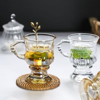英式復古玻璃杯家用手柄杯酒杯琥珀色飲料杯拿鐵咖啡杯下午茶杯子