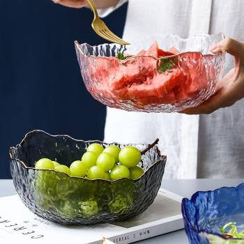 沙拉碗錘目紋金邊透明玻璃碗創意餐具家用大號不規則蔬菜水果碗