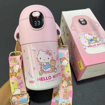 三麗鷗凱蒂貓水杯兒童可愛卡通便攜寶寶吸管杯智慧溫顯上學保溫杯