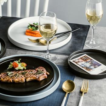 北歐ins創意西餐盤黑白藍色釉陶瓷盤餐廳托盤牛排盤啞光擺盤平盤