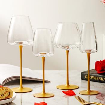 歐式插棱勃艮第葡萄酒杯香檳杯家用大肚紅酒杯黑領結金桿高腳杯子
