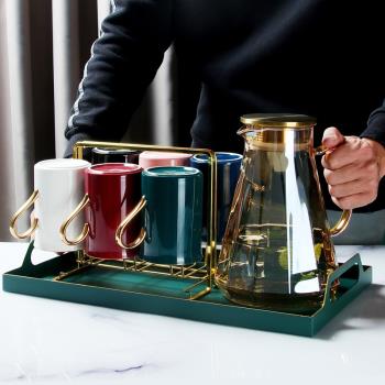 北歐彩色水杯套裝家庭家用茶杯具輕奢陶瓷喝水杯子涼冷水壺待客廳
