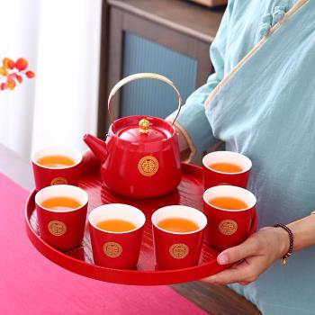 結婚茶具套裝紅色中式禮新人喜慶敬茶杯大號茶壺一壺六杯新娘陪嫁