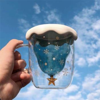 創意聖誕樹造型果汁杯彩色內膽星願咖啡杯帶把手高硼矽玻璃雙層杯