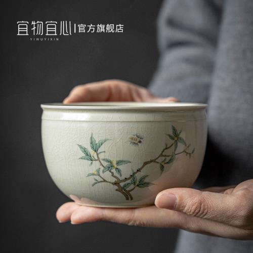 宜物宜心 手繪桂花茶洗水盂中式禪意茶渣缸茶渣缽茶道配件茶水缸