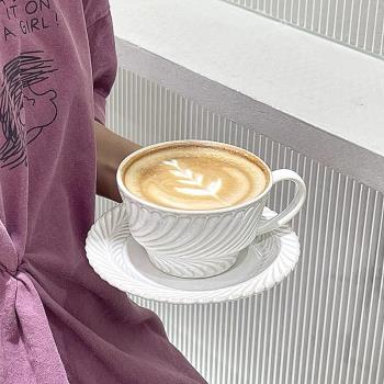 ins復古風浮雕麥穗花紋咖啡杯碟套裝拉花杯陶瓷馬克杯牛奶早餐杯