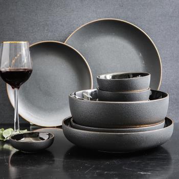 北歐ins風 家用簡約面碗陶瓷黑金碗盤子金邊碗碟勺餐具套裝
