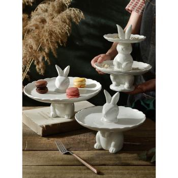北歐陶瓷兔子蛋糕盤甜品架水果盤下午茶點心盤創意收納擺件托盤