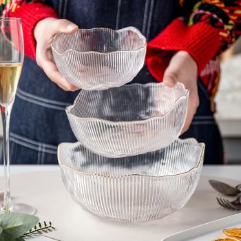 日式金邊玻璃碗甜品碗透明家用碗水果沙拉碗創意盤碗套裝碗碟餐具