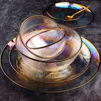 ins玻璃碗西餐平盤餐具創意家用牛排盤子水果盤炫彩碗圓盤沙拉碗