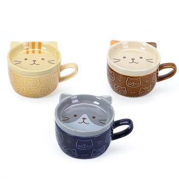 日式貓咪立體陶瓷水杯帶蓋卡通花貓藍貓喝水可愛馬克杯創意咖啡杯