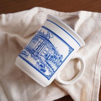 北歐藍色歐美浮雕建築陶瓷個性下午茶咖啡杯 早餐杯馬克杯復古風