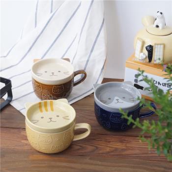 樹下盒 日本hapi貓咪馬克杯帶蓋 軟萌小貓咖啡杯早餐牛奶杯水杯