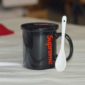 Supreme馬克杯帶蓋勺黑色高顏值杯子一對個性咖啡杯玻璃杯禮品杯