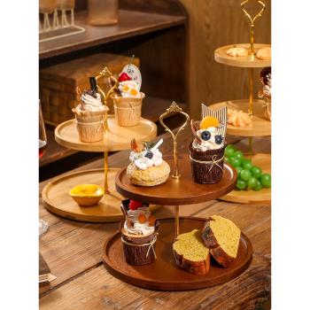 創意竹木雙層甜品臺蛋糕點心盤零食水果三層復古串盤飾品收納架子