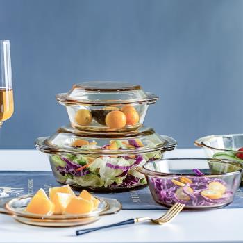 透明耐高溫玻璃碗雙耳煲帶蓋大容量泡面碗飯碗微波爐烤箱專用湯碗