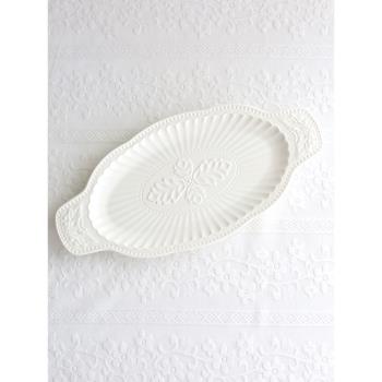 洛可可法式歐式白瓷條紋刻花浮雕雙耳盤 魚盤 橢圓盤