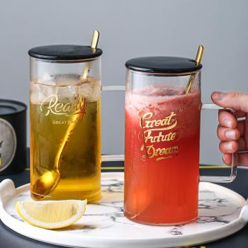 日式耐熱輕奢帶把玻璃杯子大容量透明水杯家用帶蓋帶勺防爆馬克杯