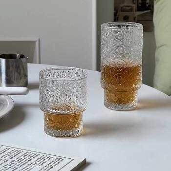 中古海棠花玻璃杯復古家用耐熱水杯耐高溫茶杯法式浮雕咖啡杯子