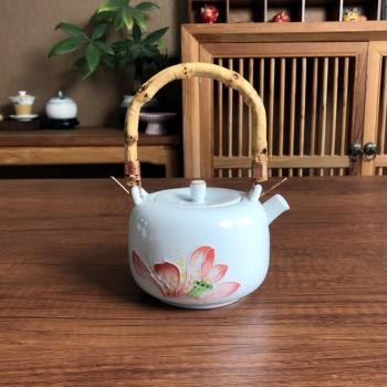 德化陶瓷手繪荷蓮復古風提樑壺瓷內建茶壺茶碗側把杯蓋碗泡茶茶杯