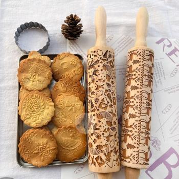 曲奇餅干印花紋搟面杖圣誕節創意實木壓面棍滾軸烘焙模具壓花神器