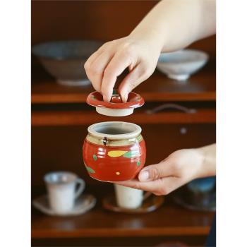 小葵川町屋 日本進口常滑燒復古赤繪紋陶瓷小鹽罐調味料罐多用罐