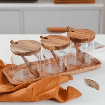 愛加家居玻璃調味罐廚房用品鹽糖罐相思木蓋木勺調味盒套裝組合裝