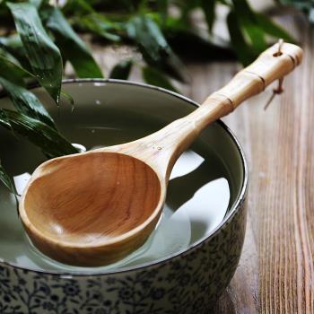 日式櫸木長柄水瓢實木竹節手柄米瓢大湯勺粥勺廚房木勺子木桶水勺