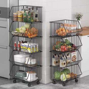 高級廚房置物架落地多層可移動家用小推車放蔬菜籃子零食收納架