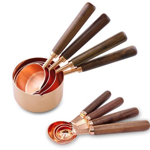 不銹鋼量勺量匙玫瑰金色黑胡桃木柄把手帶刻度量杯烘焙家用套裝