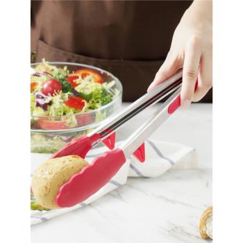 耐高溫矽膠食品夾子不銹鋼架子帶腳墊煎牛排夾麵包炒菜燒烤夾子