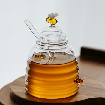 澤滕家 創意蜂巢型小蜜蜂罐透明玻璃罐 蜂蜜罐 高硼硅玻璃 糖罐
