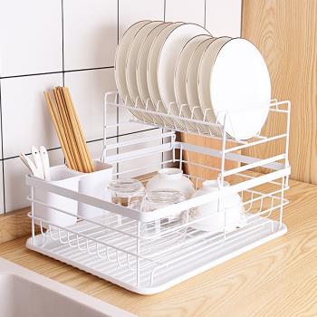 多美然日式碗碟置物架家用碗架白色瀝水架晾放碗筷雙層臺面收納架
