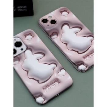 可愛卡通3D裸眼兔子13pro立體感視覺iphone14promax菲林11手機硬殼12mini蘋果xsmax小眾se3側身兔14plus