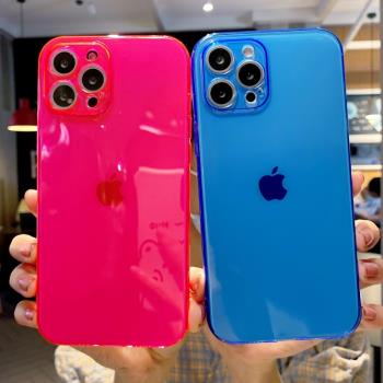 簡約XR純色XS熒光色6s玫紅SE2藍色蘋果78plus全包鏡頭手機殼適用iPhone13promax防摔硅膠TPU透明11軟殼12mini