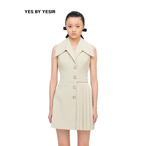 YES BY YESIR葉謙設計師裙子女不對稱拼接高級翻領壓褶西裝連衣裙